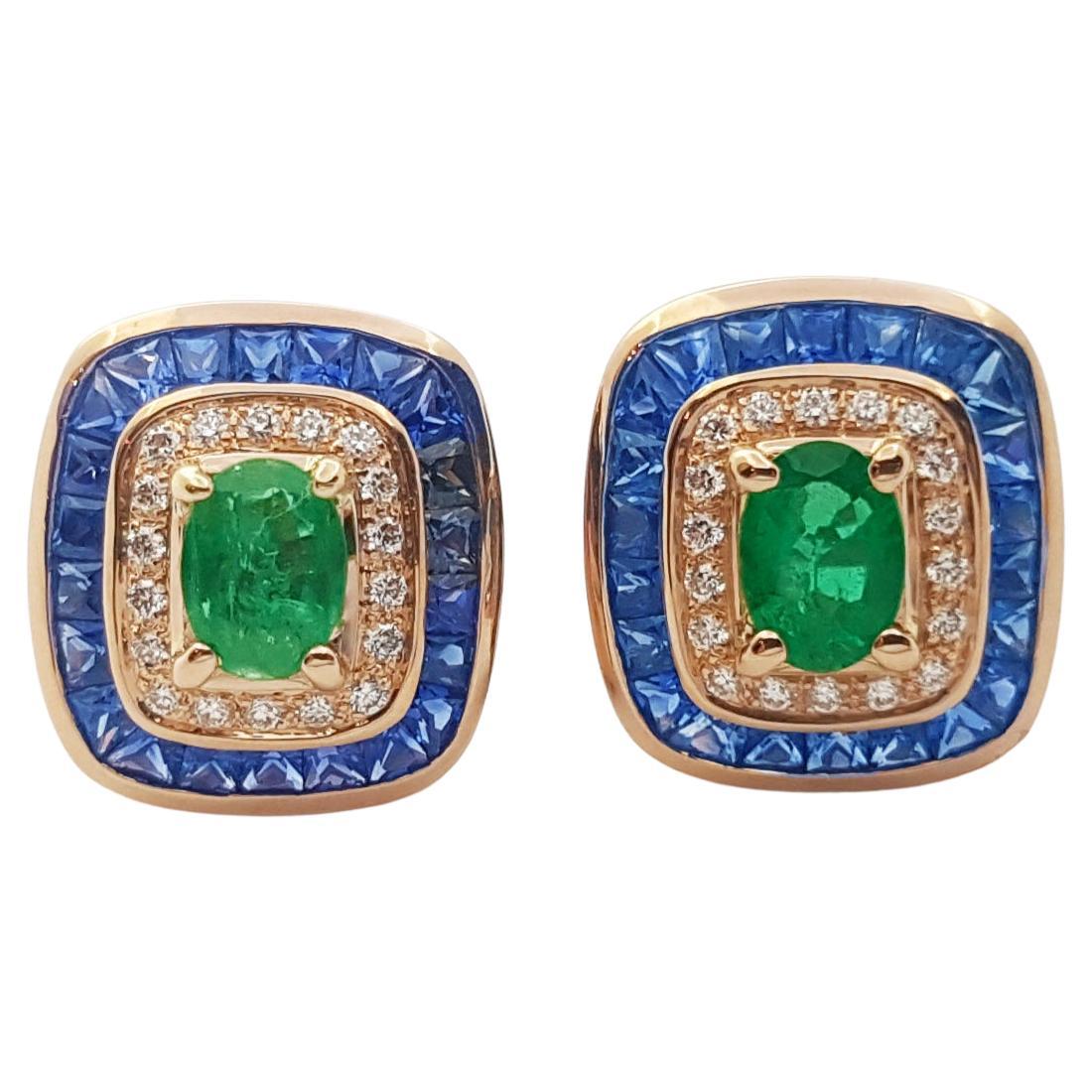 Emerald, Blue Sapphire and Diamond Earrings set in 18 Karat Rose Gold Settings For Sale