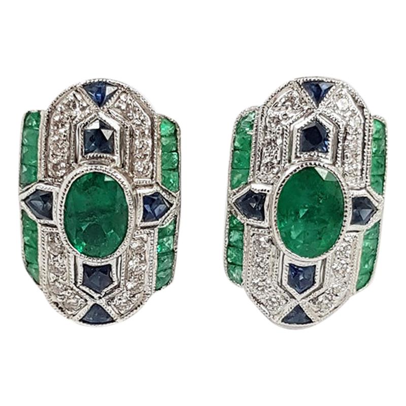 Emerald, Blue Sapphire and Diamond Earrings Set in 18 Karat White Gold Settings