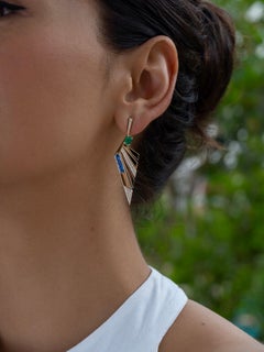 Emerald Blue Sapphire and Diamond Fan Earrings in 18k Yellow Gold