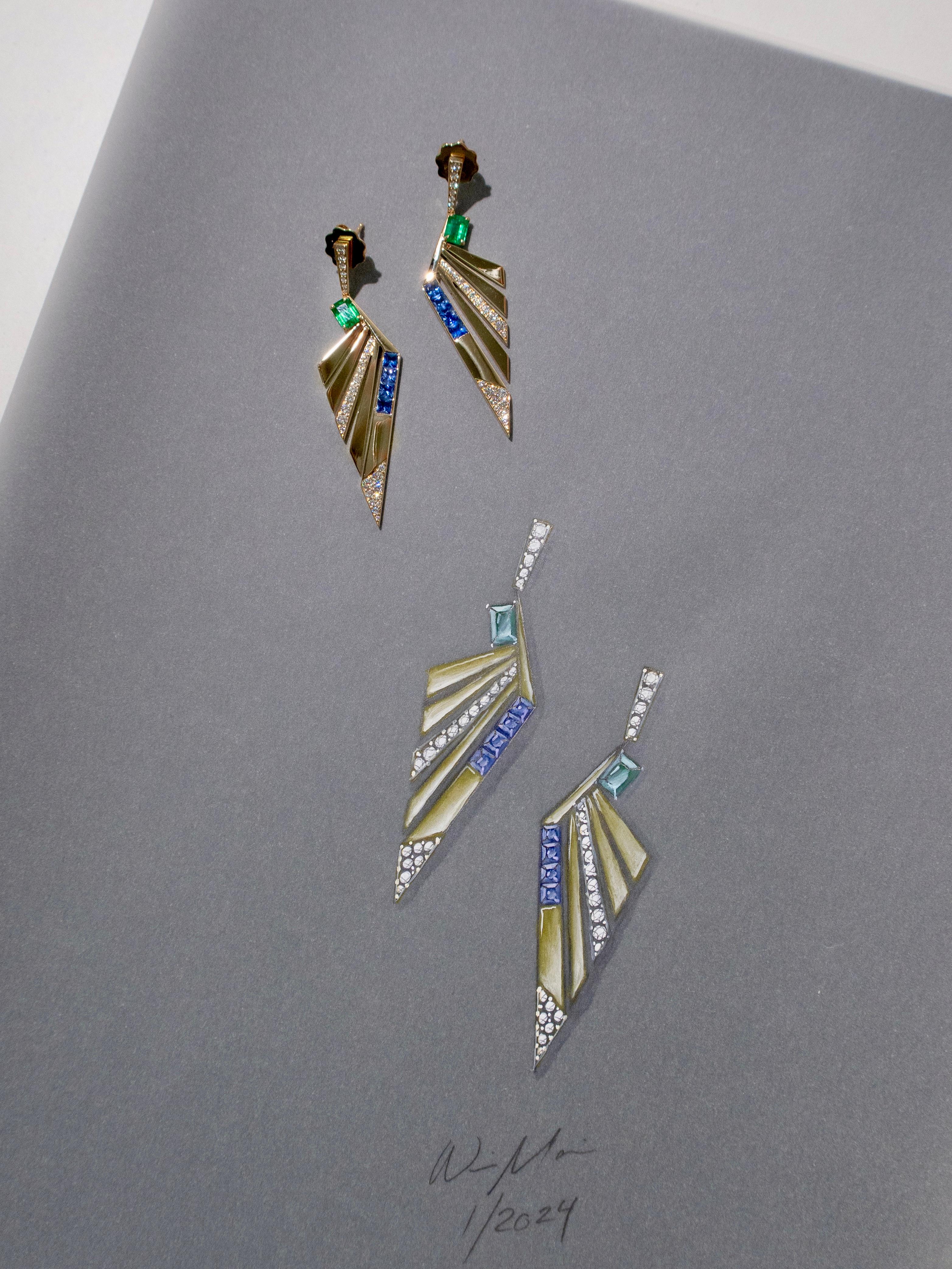 Fächerohrringe mit smaragdblauem Saphir und Diamant aus 18k Gelbgold (Smaragdschliff) im Angebot
