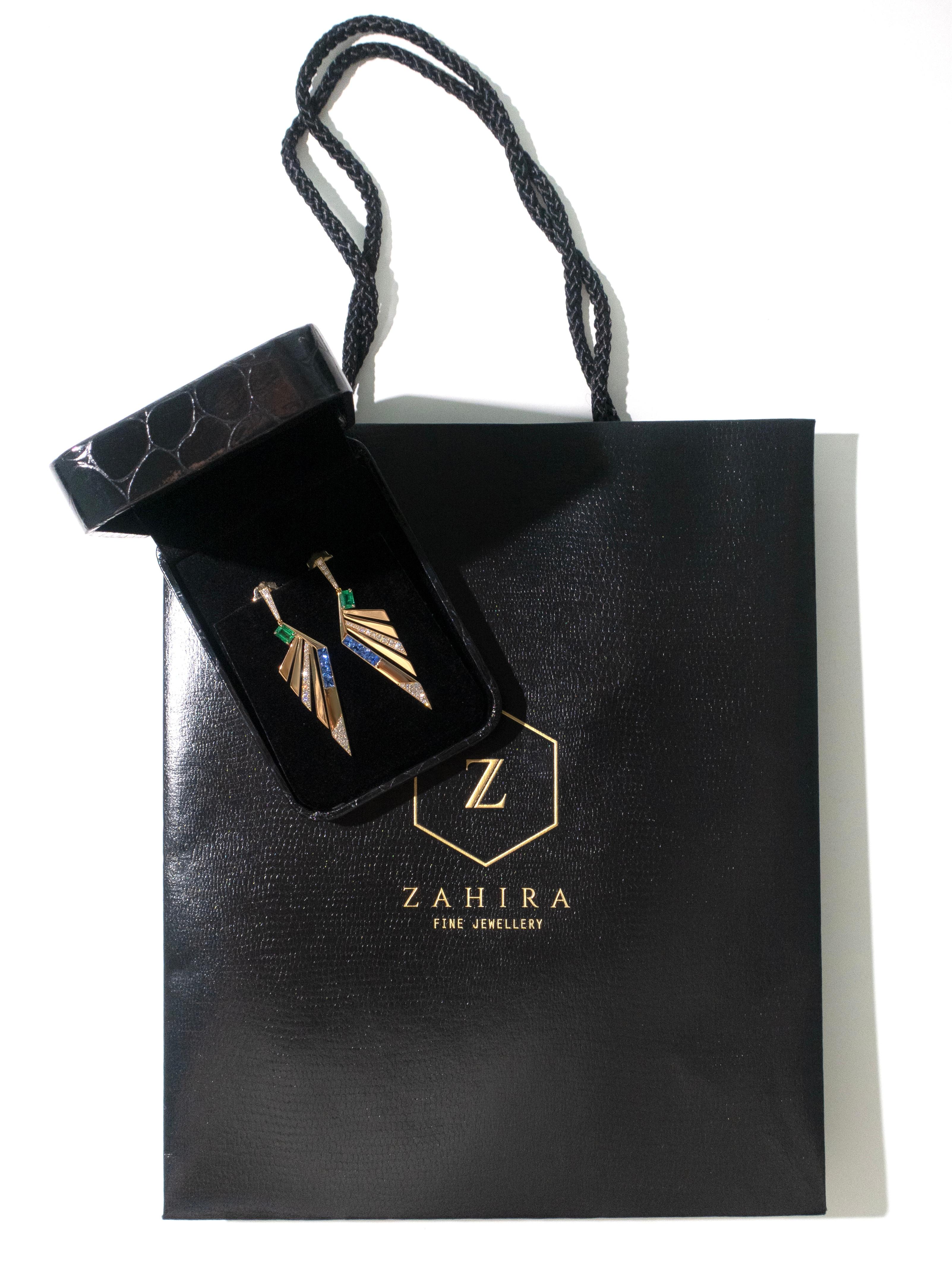 Fächerohrringe mit smaragdblauem Saphir und Diamant aus 18k Gelbgold im Angebot 1