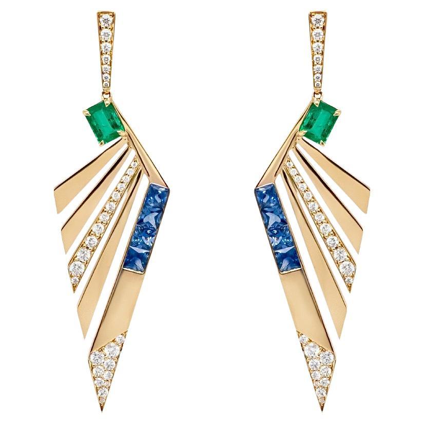 Fächerohrringe mit smaragdblauem Saphir und Diamant aus 18k Gelbgold im Angebot