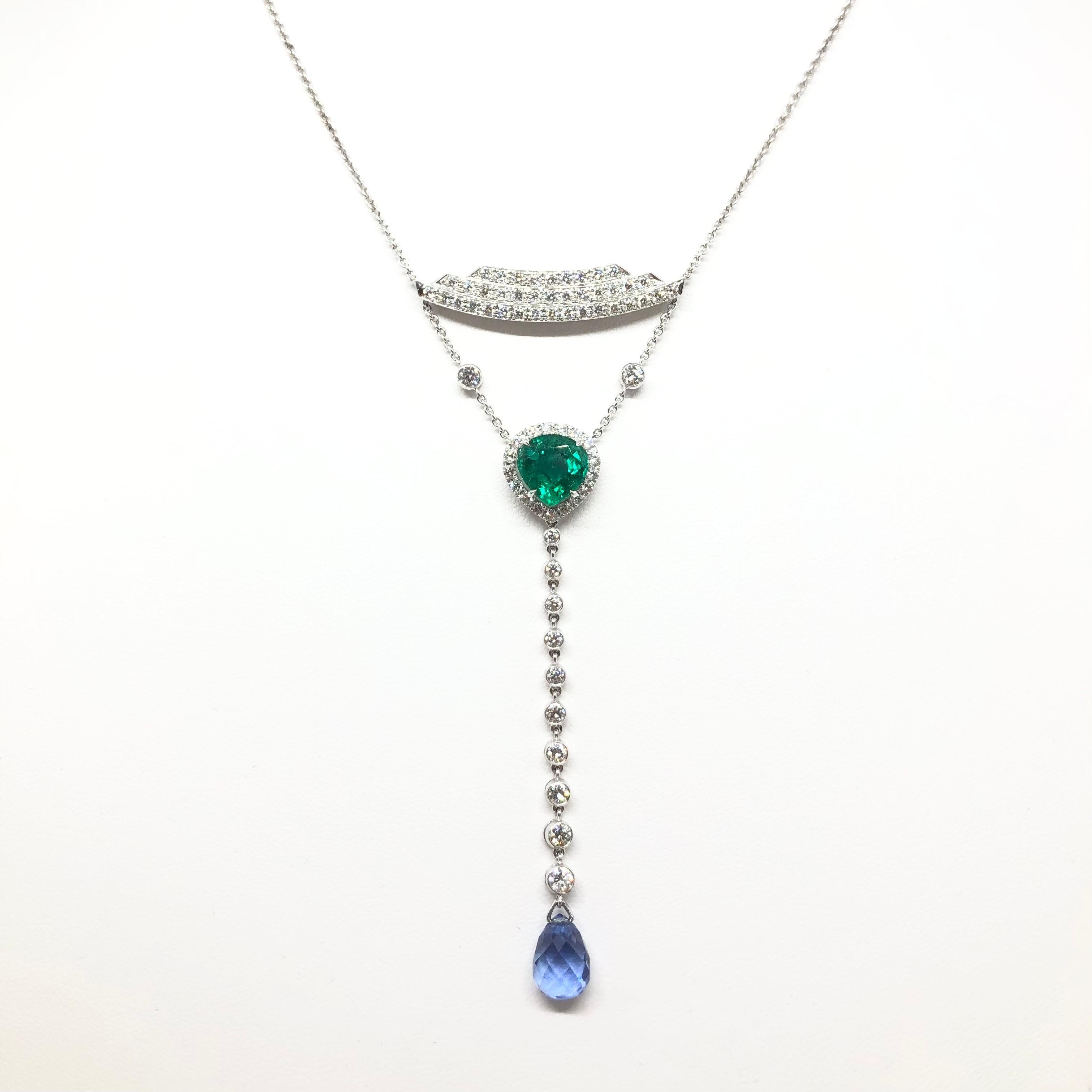 Emerald 3.06 carats, Blue Sapphire 4.74 carats and Diamond in 18 Karat White Gold Settings

Width: 10.5 cm 
Length: 43.0 cm
Total Weight: 13.32 grams

