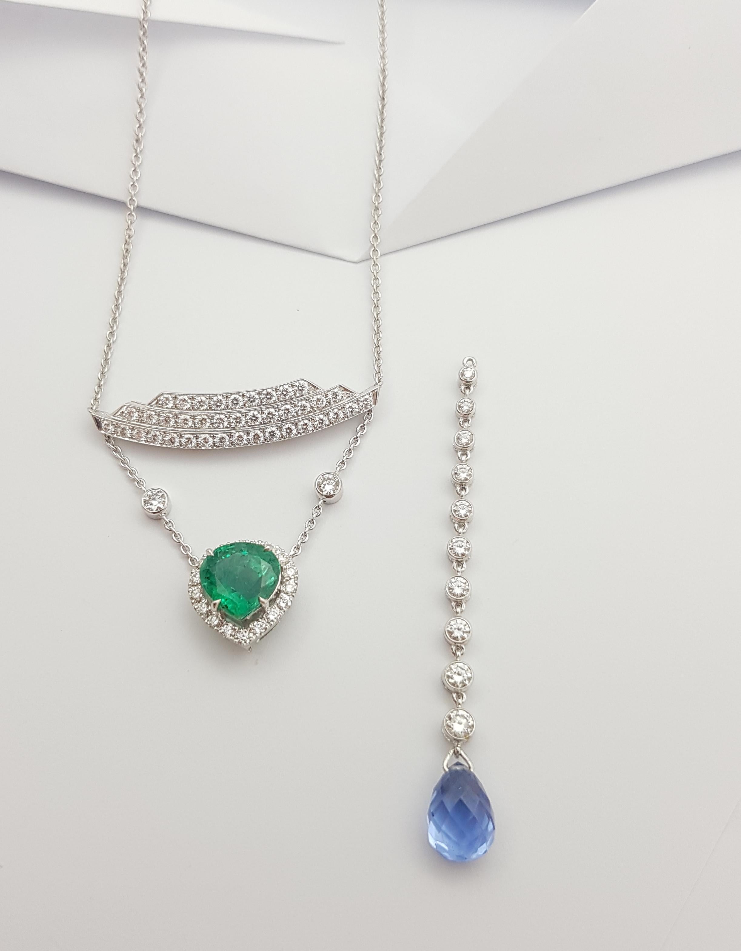 Mixed Cut Emerald, Blue Sapphire and Diamond in 18 Karat White Gold Settings For Sale