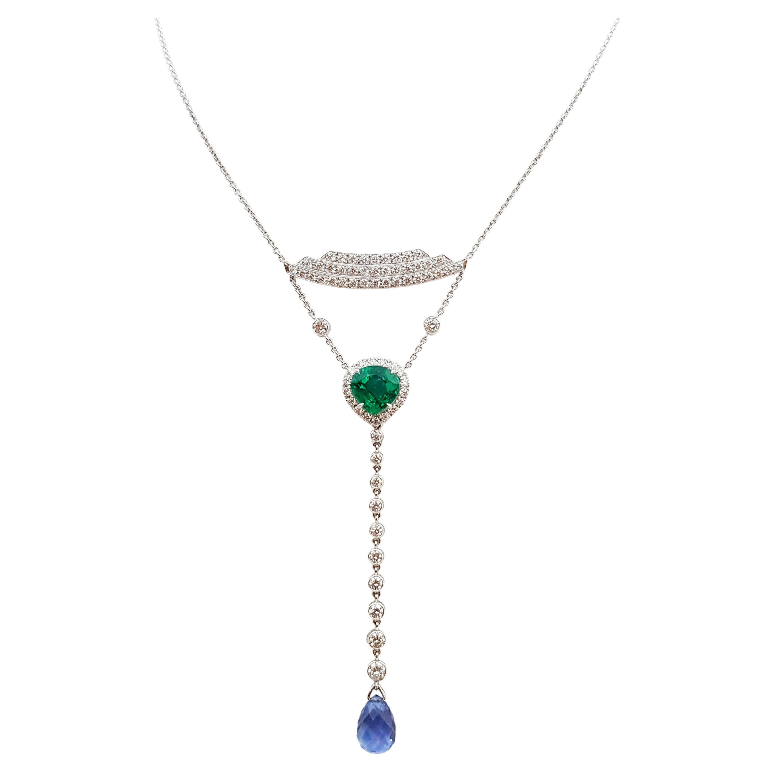 Emerald, Blue Sapphire and Diamond in 18 Karat White Gold Settings For Sale