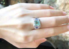Emerald, Blue Sapphire and Diamond Ring Set in 18 Karat White Gold Settings