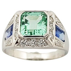 Emerald, Blue Sapphire and Diamond Ring Set in 18 Karat White Gold Settings