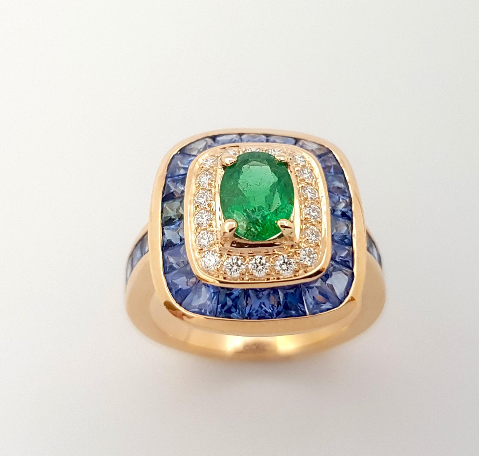Emerald 0.93 carat, Blue Sapphire 3.78 carat and Diamond 0.21 carat Ring set in 18K Rose Gold Settings

Width:  1.4 cm 
Length: 1.6 cm
Ring Size: 53
Total Weight: 8.50 grams

