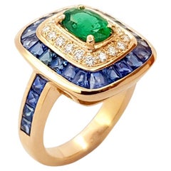 Emerald, Blue Sapphire and Diamond Ring set in 18K Rose Gold Settings