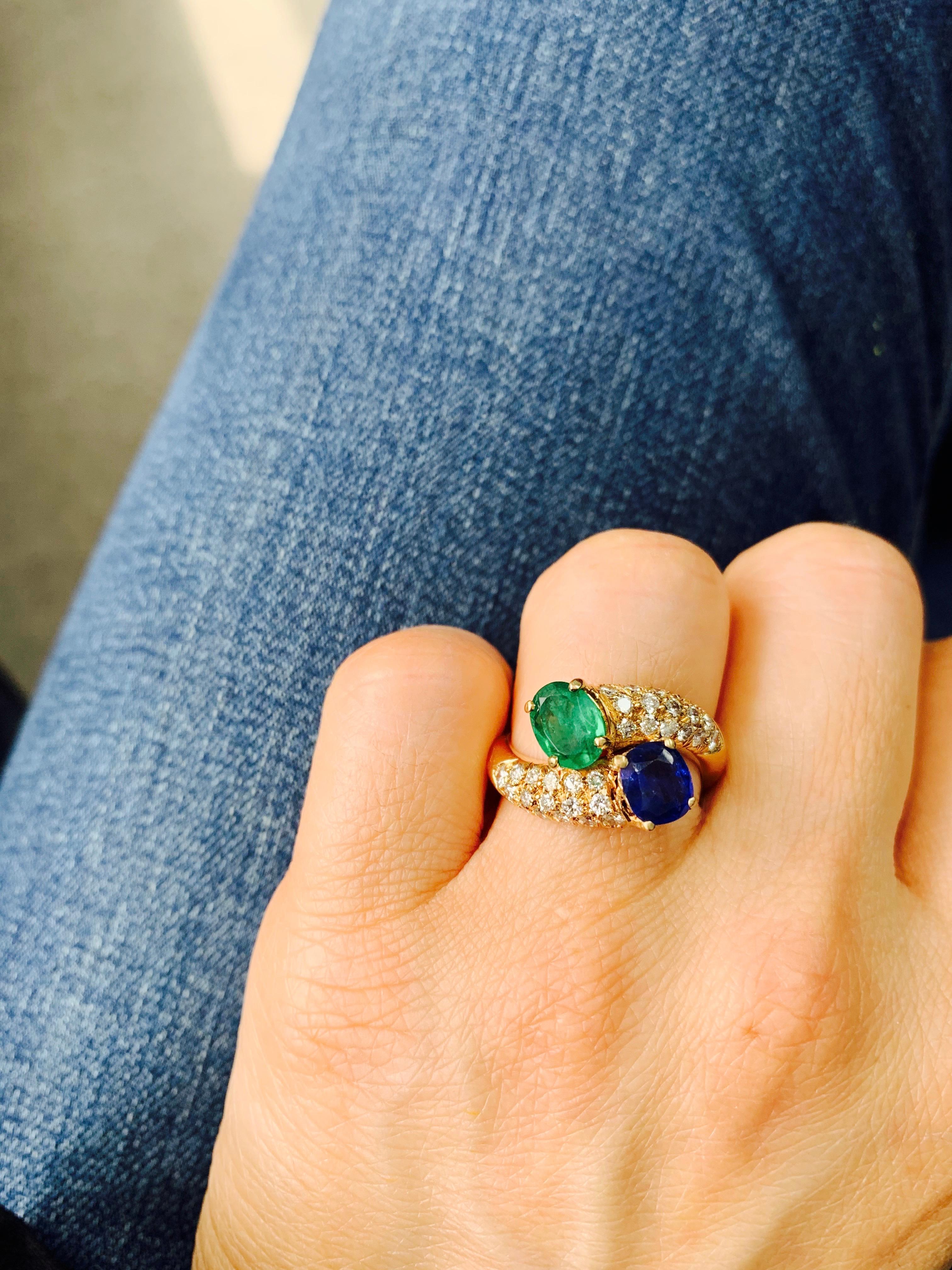 Emerald, Blue Sapphire and Diamond Twin Ring in 18k Yellow Gold 2