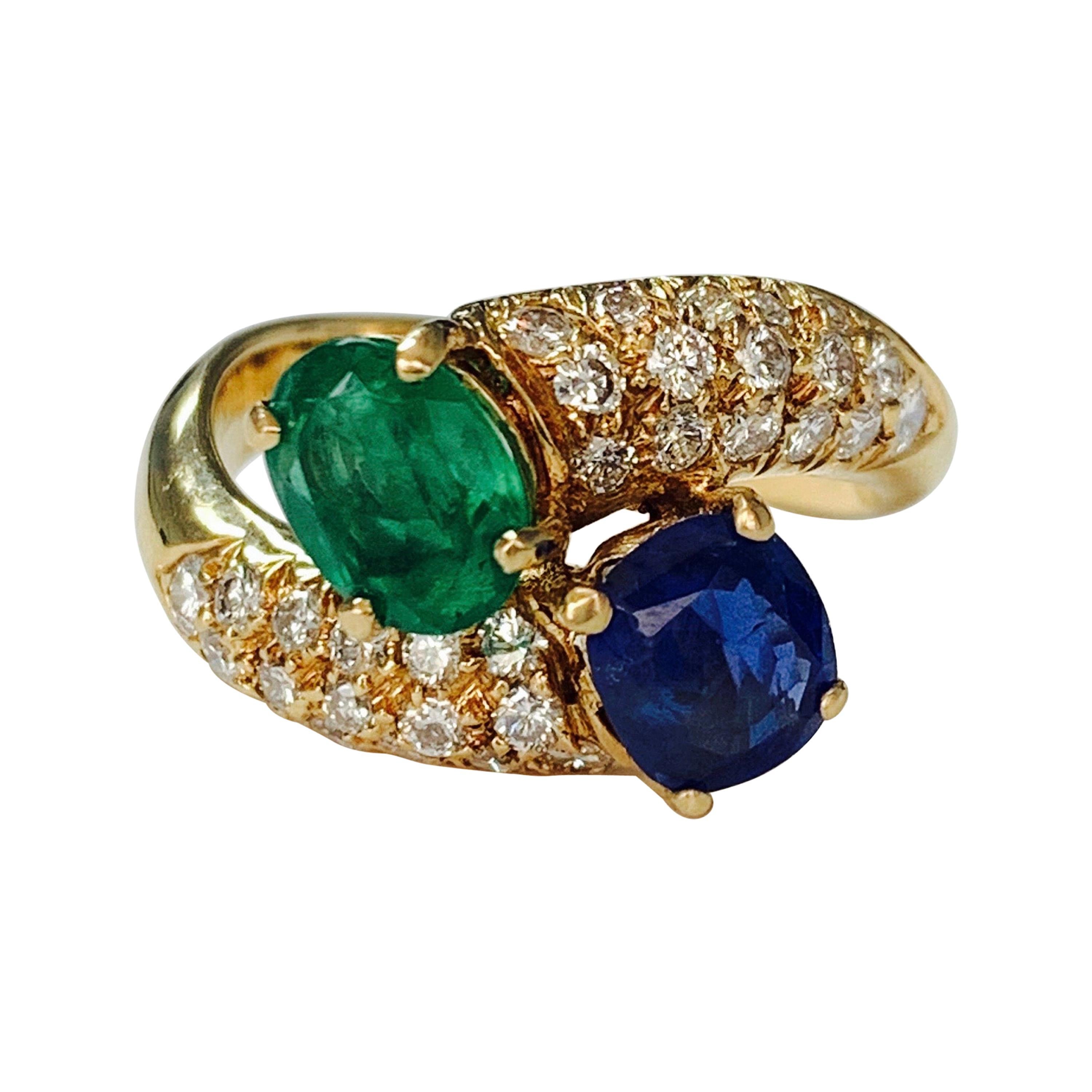 Emerald, Blue Sapphire and Diamond Twin Ring in 18k Yellow Gold
