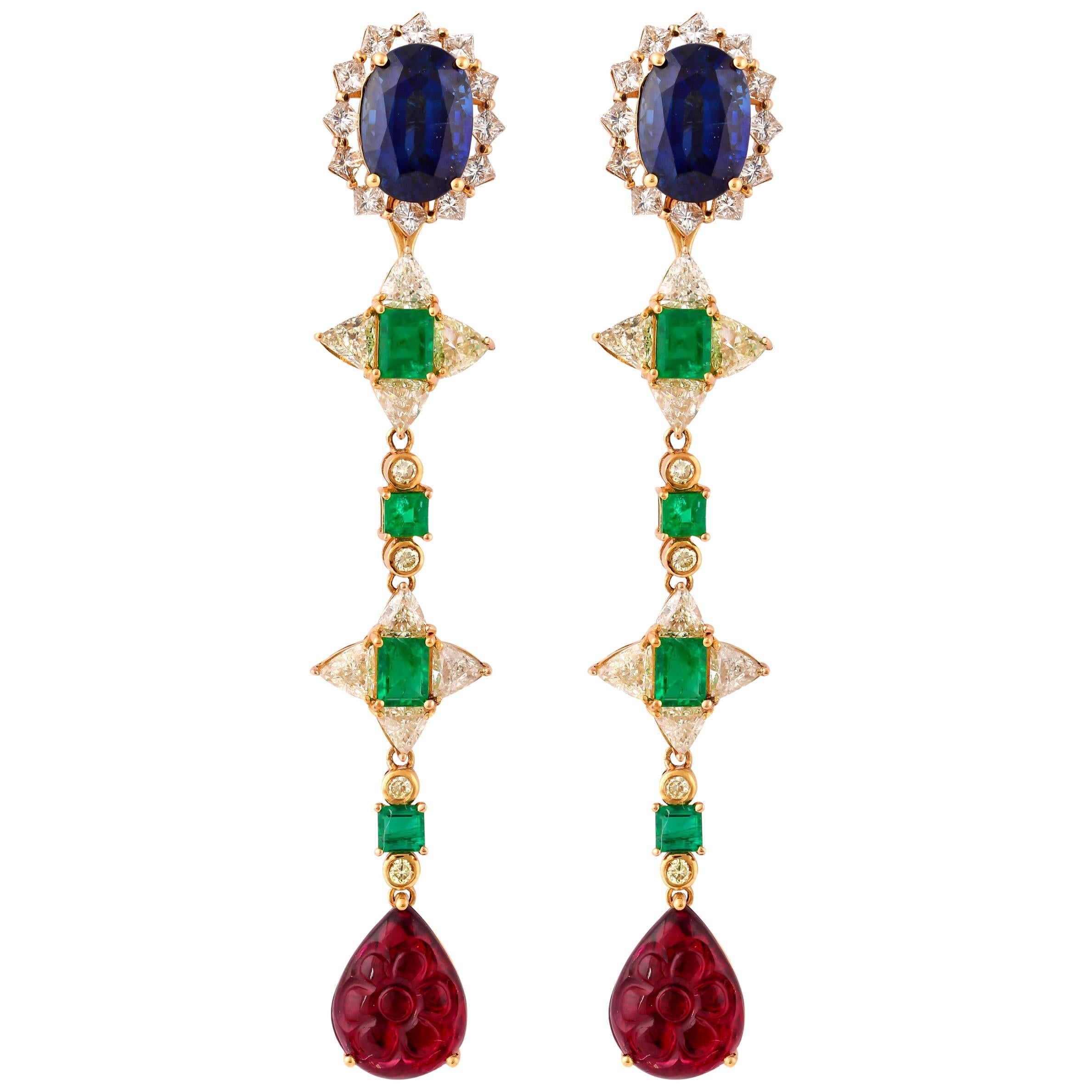 Emerald, Blue Sapphire and Rubelite Earring in 18 Karat Gold with Diamonds