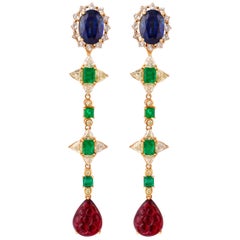 Emerald, Blue Sapphire and Rubelite Earring in 18 Karat Gold with Diamonds