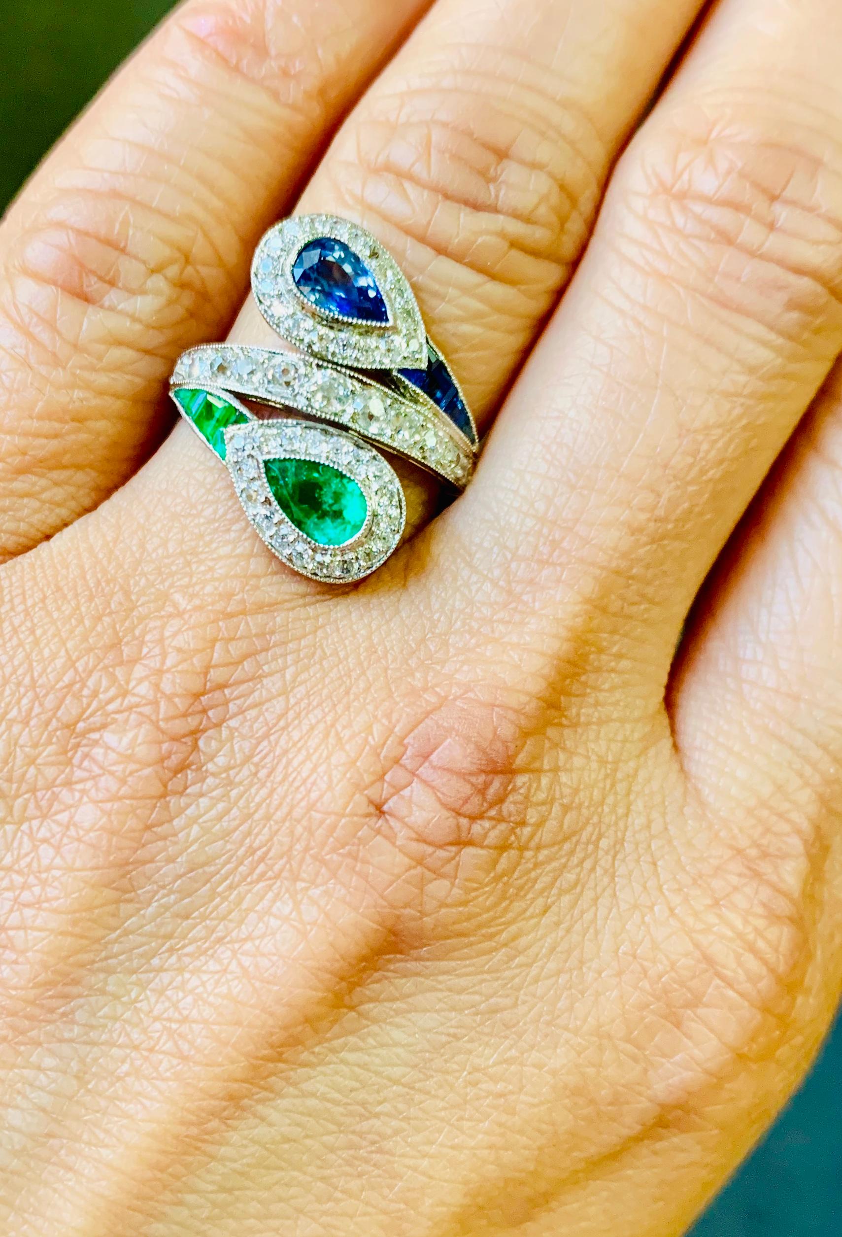 Emerald, Blue Sapphire and White Diamond Twin Ring in Platinum For Sale 2