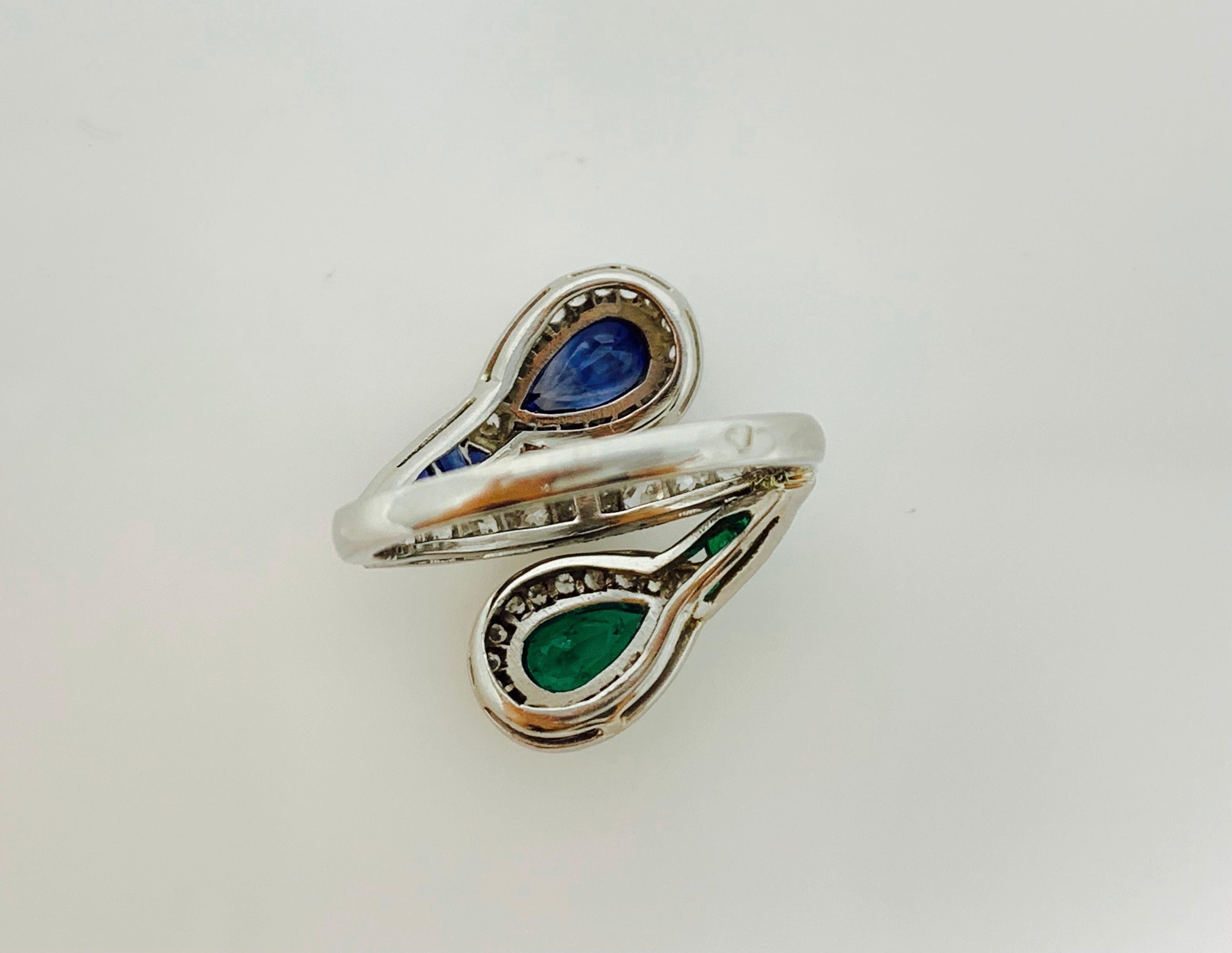 Women's Emerald, Blue Sapphire and White Diamond Twin Ring in Platinum For Sale