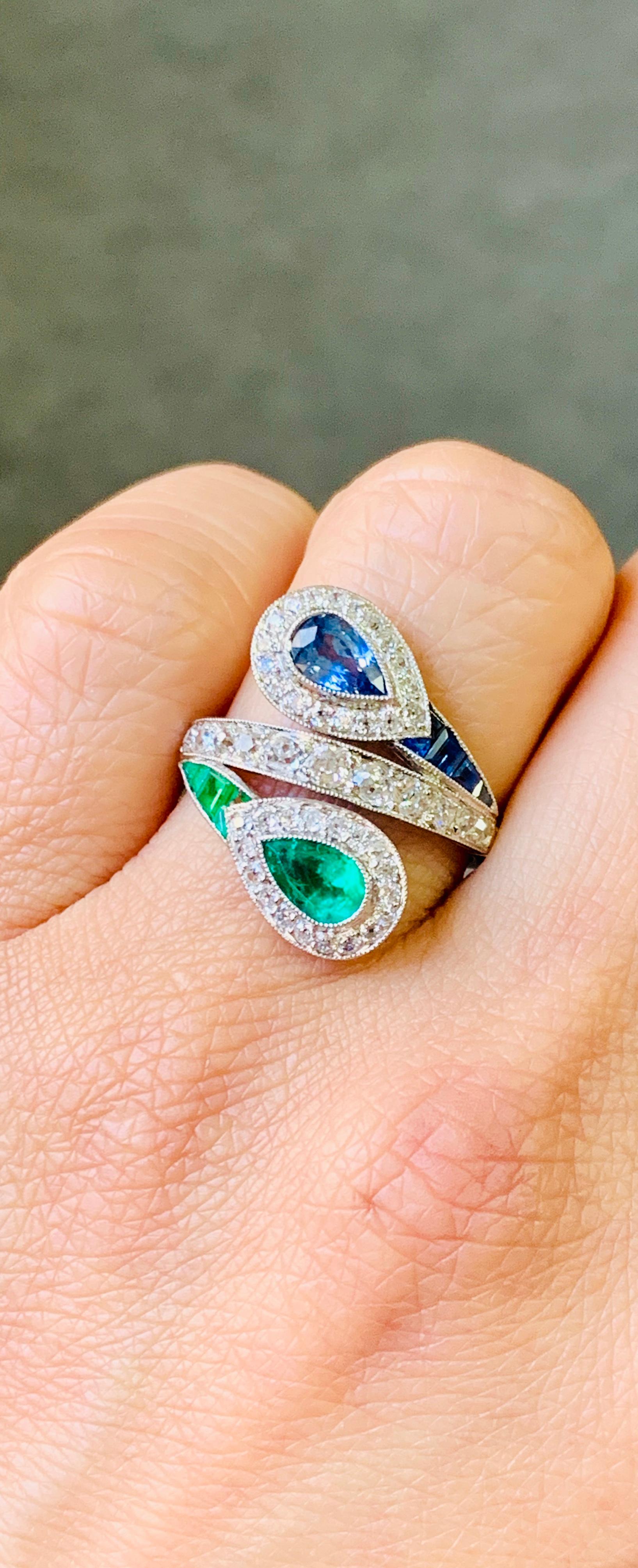 Emerald, Blue Sapphire and White Diamond Twin Ring in Platinum For Sale 1