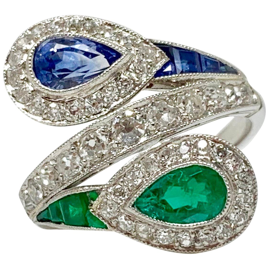 Emerald, Blue Sapphire and White Diamond Twin Ring in Platinum