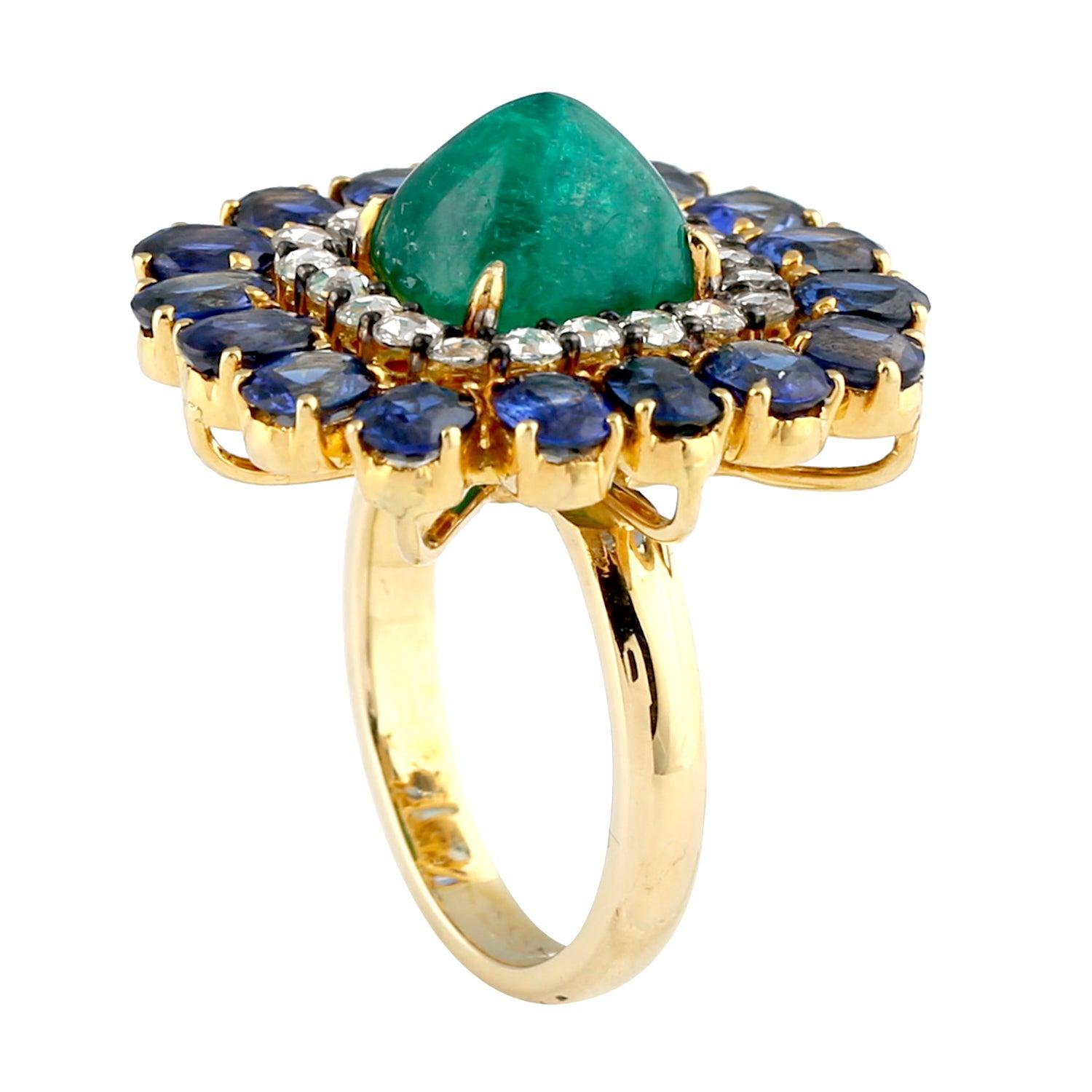 For Sale:  Emerald Blue Sapphire Diamond 14 Karat Gold Ring 3