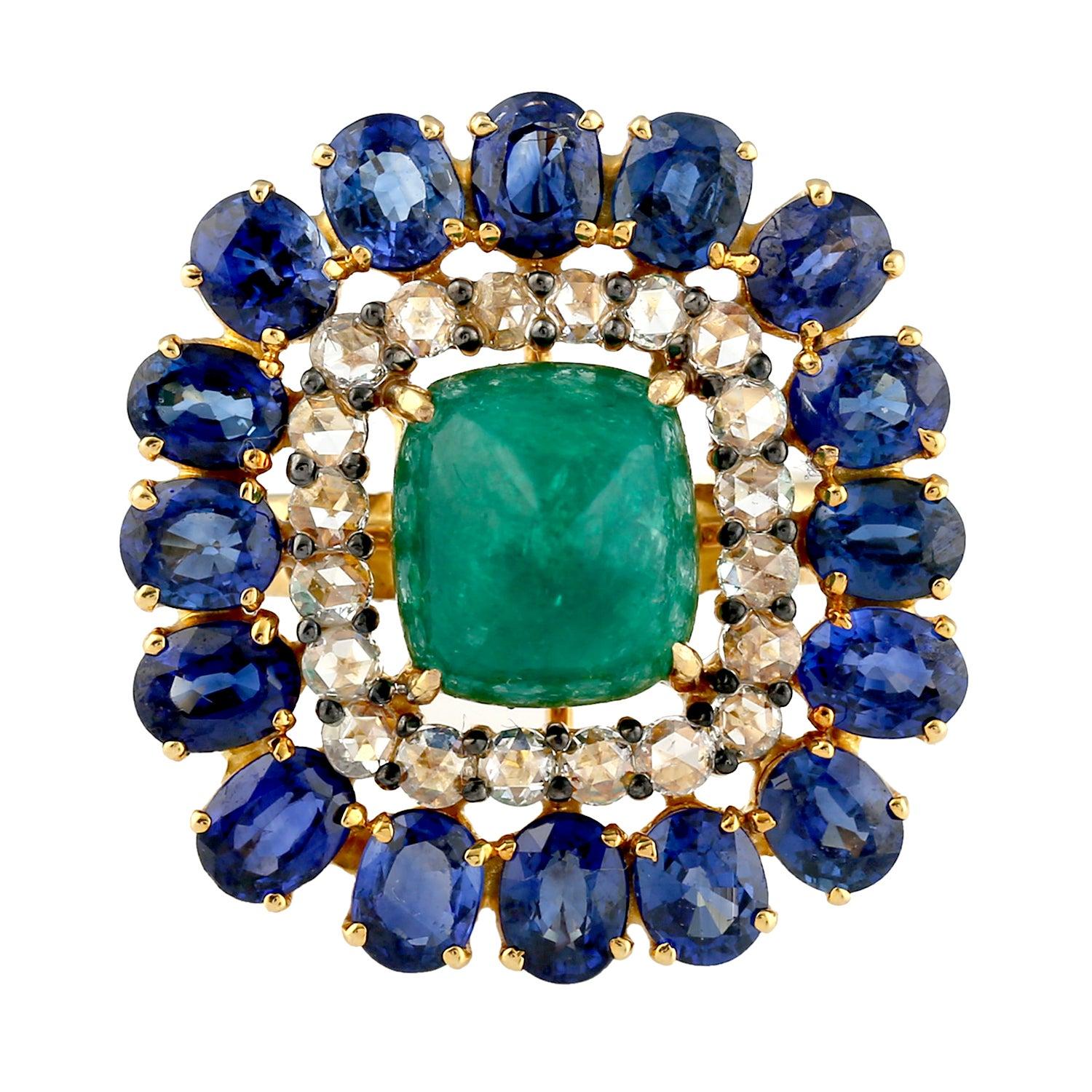For Sale:  Emerald Blue Sapphire Diamond 14 Karat Gold Ring 4