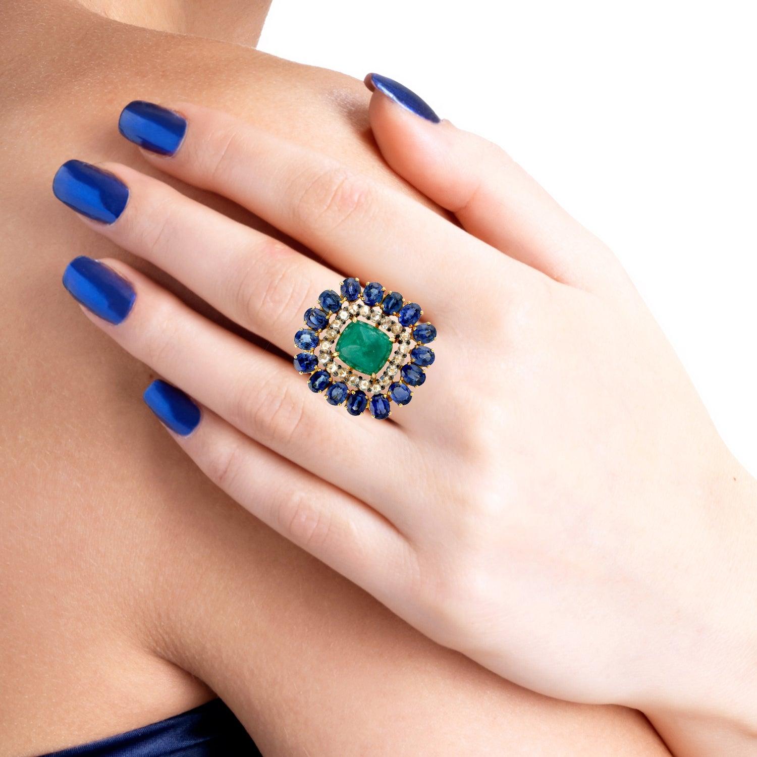 For Sale:  Emerald Blue Sapphire Diamond 14 Karat Gold Ring 5