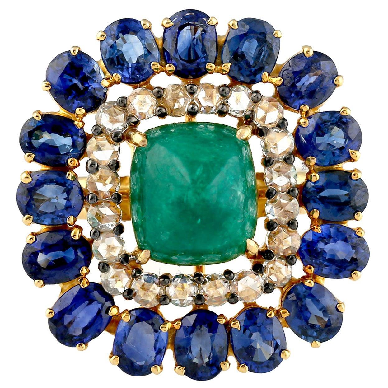 For Sale:  Emerald Blue Sapphire Diamond 14 Karat Gold Ring