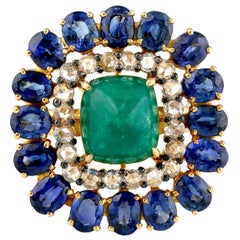 Anello in oro 14 carati con diamante e zaffiro blu smeraldo