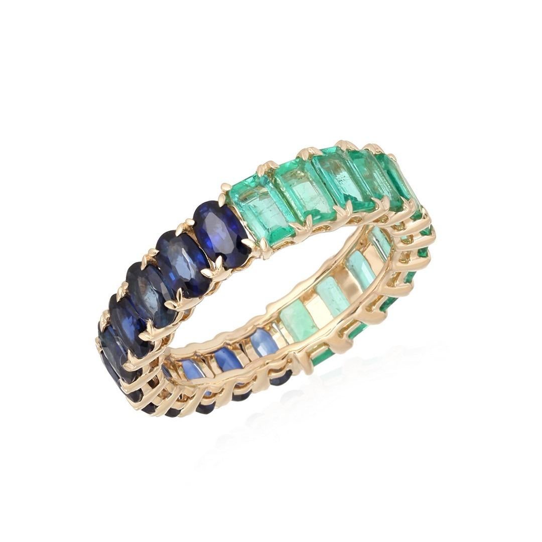 For Sale:  Emerald Blue Sapphire Diamond 14K Yellow Gold Eternity Ring 3