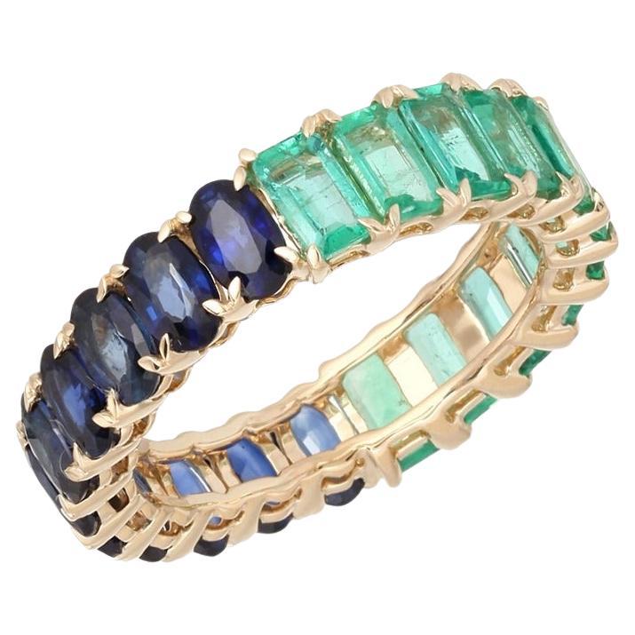 Emerald Blue Sapphire Diamond 14K Yellow Gold Eternity Ring