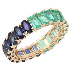Emerald Blue Sapphire Diamond 14K Yellow Gold Eternity Ring