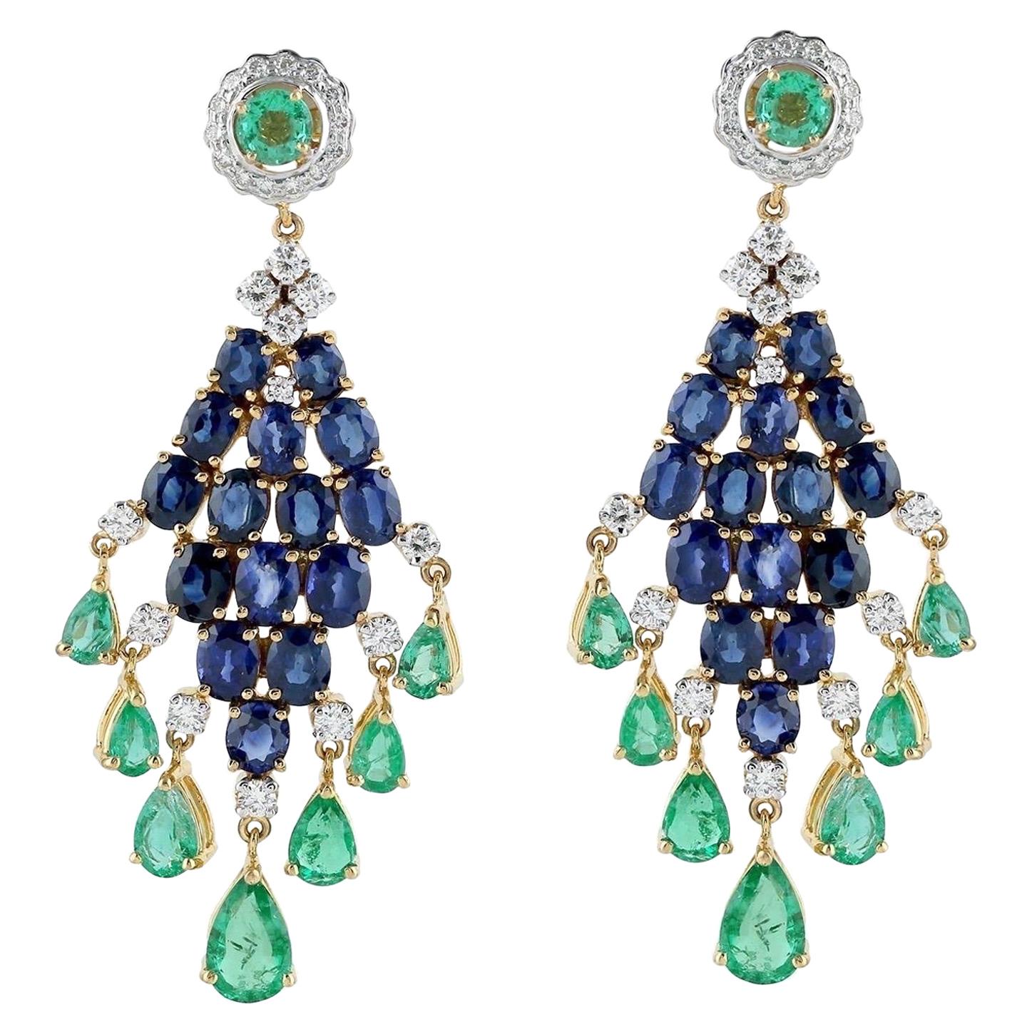 Emerald Blue Sapphire Diamond 18 Karat Gold Chandelier Earrings For Sale