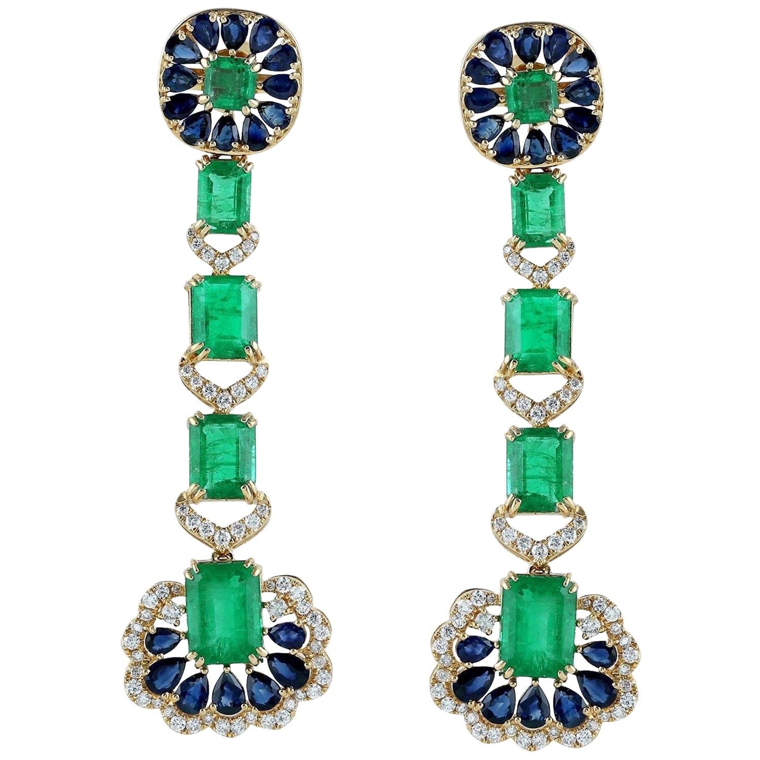 Emerald Blue Sapphire Diamond 18 Karat Gold Earrings For Sale