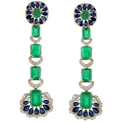 Emerald Blue Sapphire Diamond 18 Karat Gold Earrings