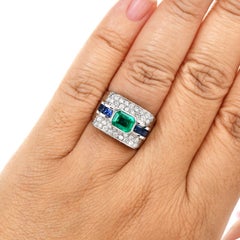 Emerald Blue Sapphire Diamond 18K White Gold Rectangular Cluster Cocktail Ring