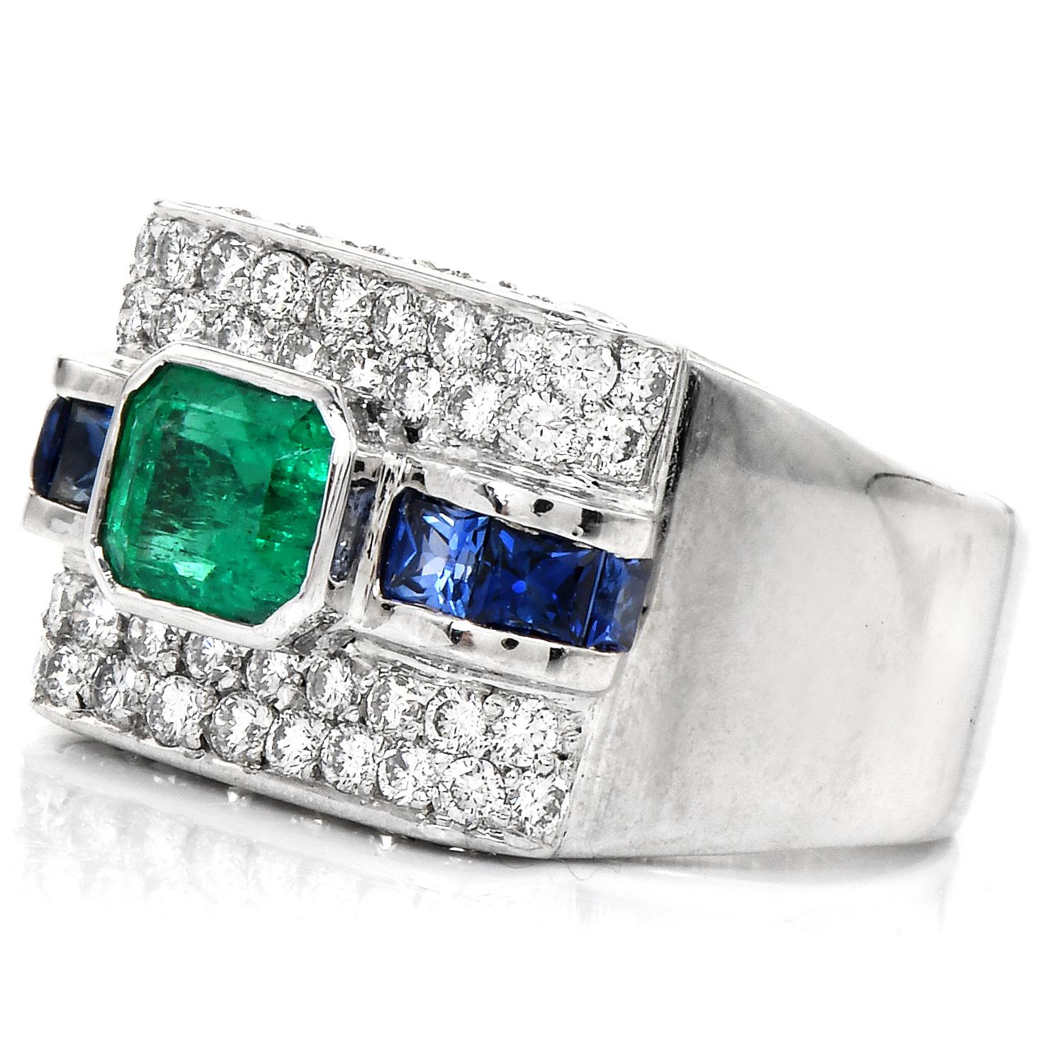 Retro Emerald Blue Sapphire Diamond 18K White Gold Rectangular Cluster Cocktail Ring
