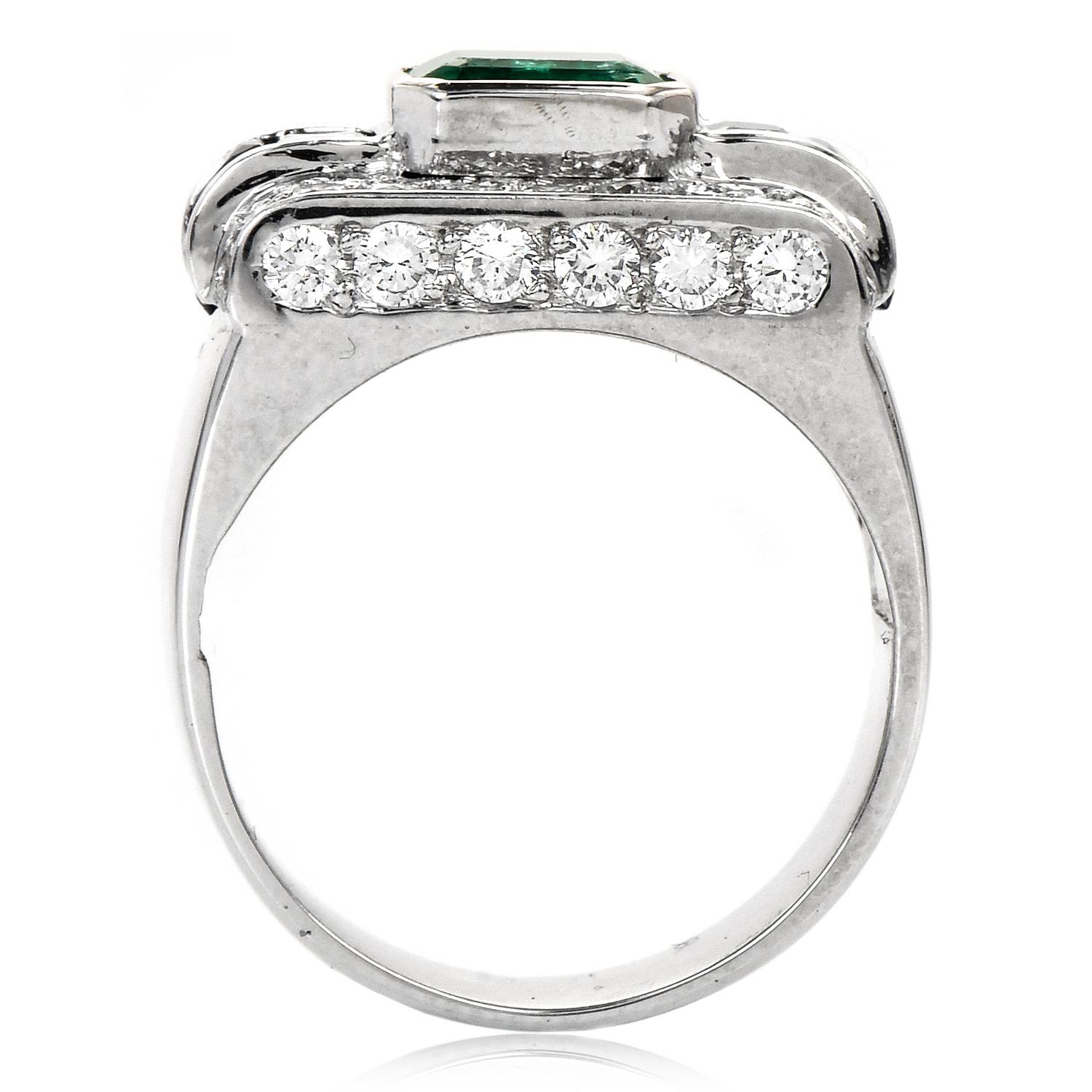 Emerald Cut Emerald Blue Sapphire Diamond 18K White Gold Rectangular Cluster Cocktail Ring