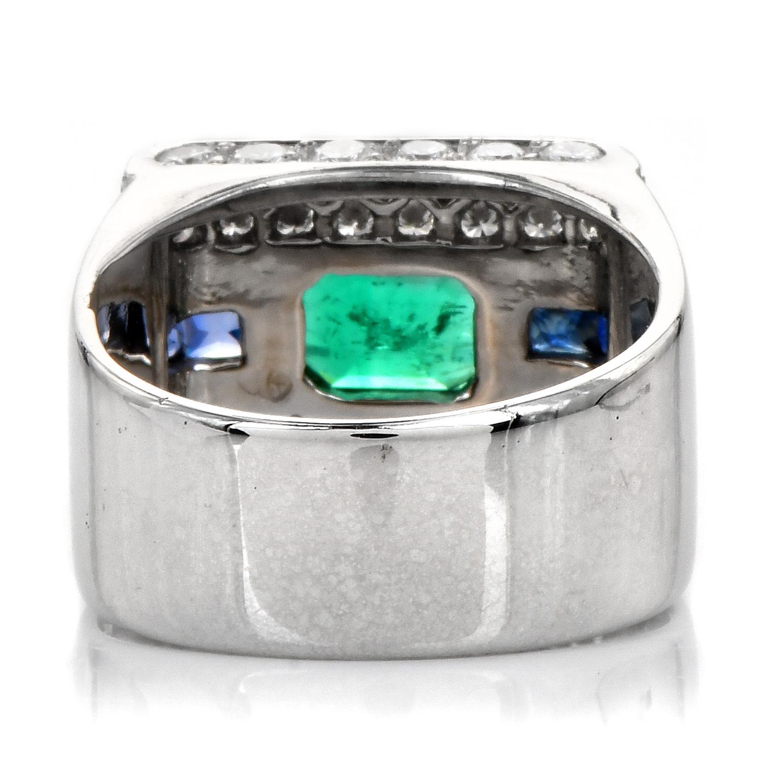 Emerald Blue Sapphire Diamond 18K White Gold Rectangular Cluster Cocktail Ring In Excellent Condition In Miami, FL