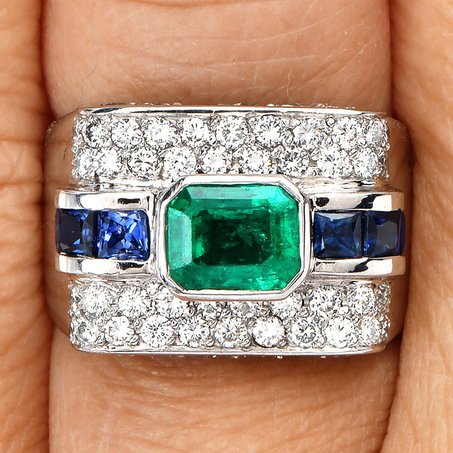 Women's or Men's Emerald Blue Sapphire Diamond 18K White Gold Rectangular Cluster Cocktail Ring