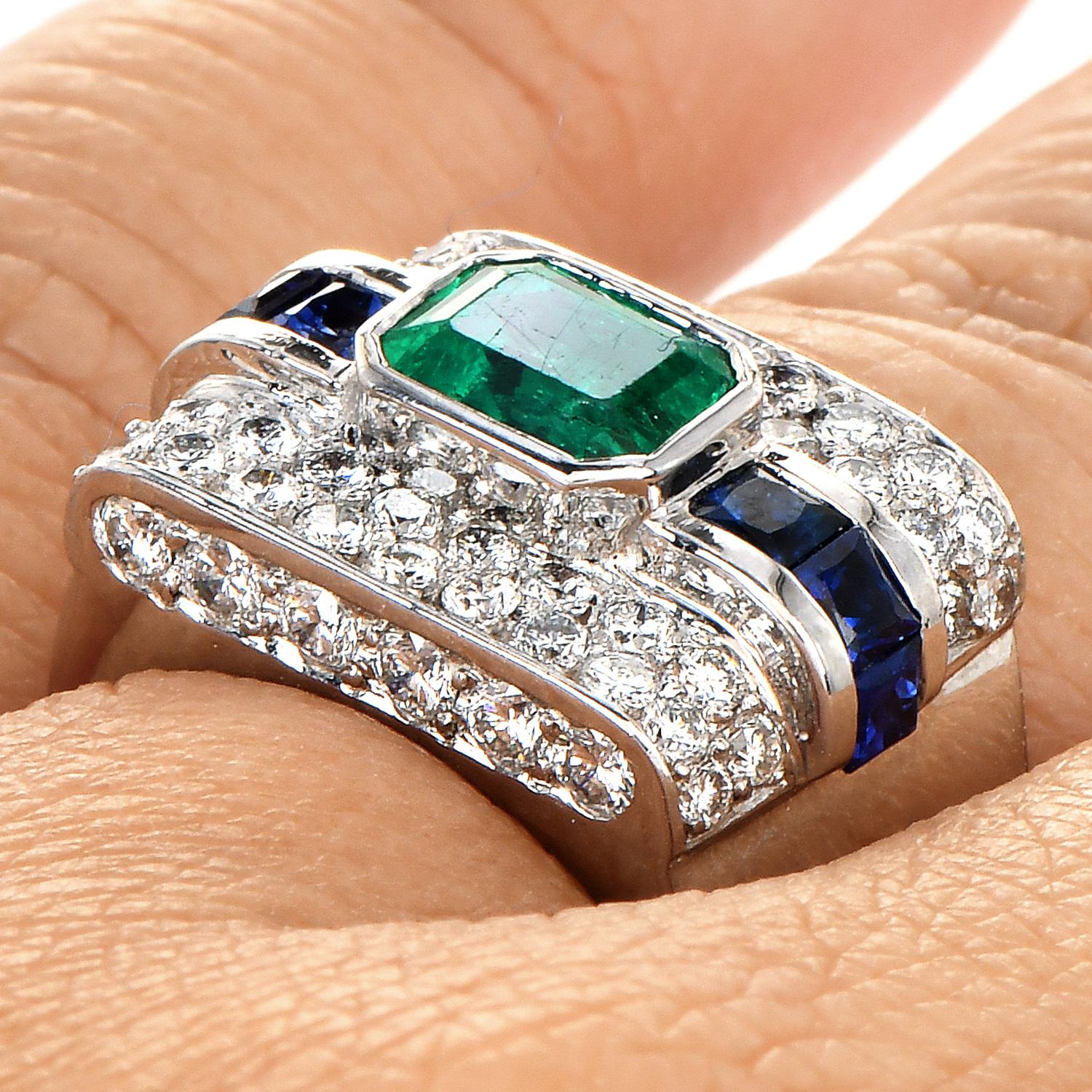 Emerald Blue Sapphire Diamond 18K White Gold Rectangular Cluster Cocktail Ring 1