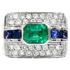 Emerald Blue Sapphire Diamond 18K White Gold Rectangular Cluster Cocktail Ring