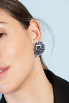 Manpriya B 4.16ct Emerald, Blue Sapphire, White Diamond Crescent Mosaic Earrings