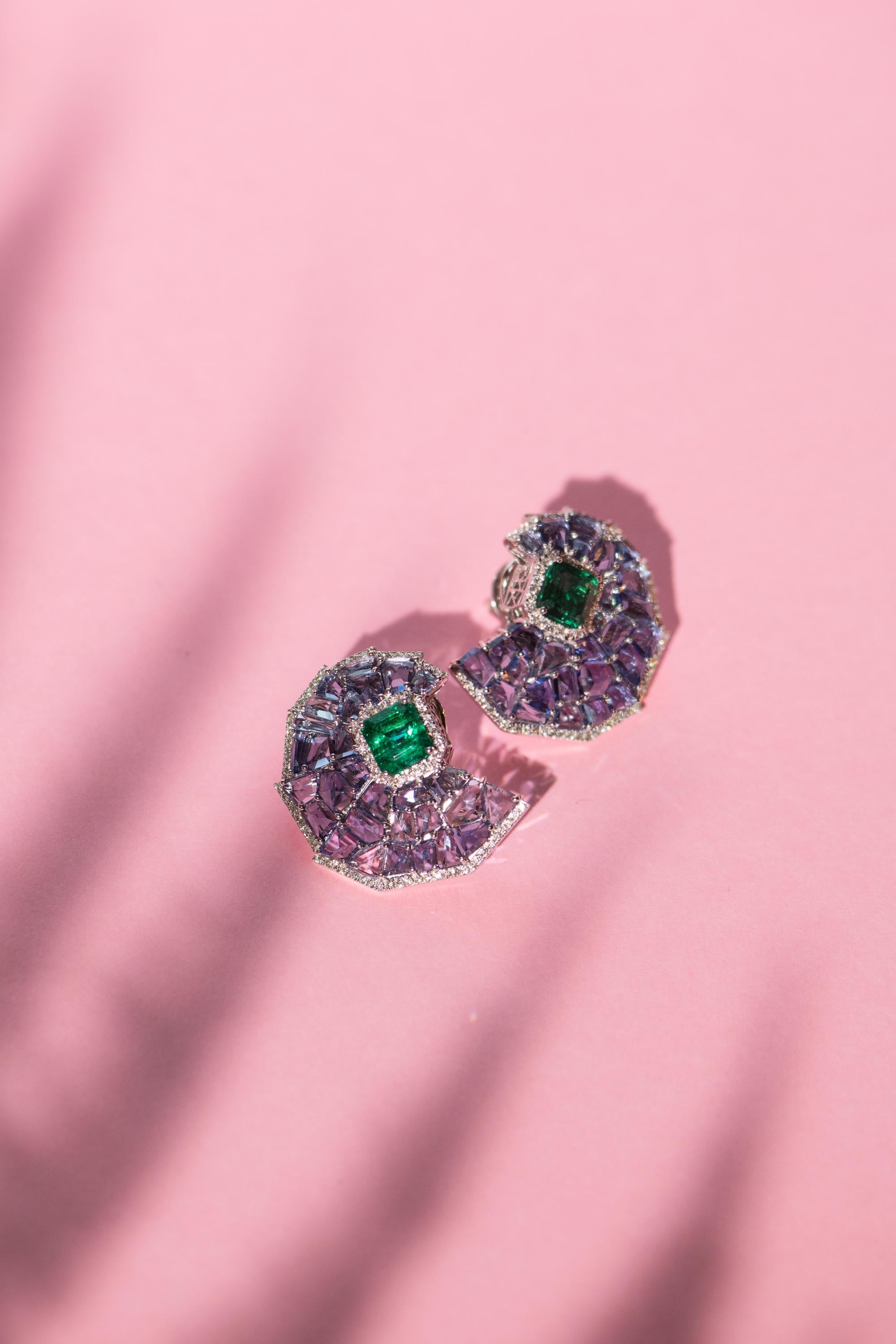 Emerald Cut Manpriya B 4.16ct Emerald, Blue Sapphire, White Diamond Crescent Mosaic Earrings For Sale