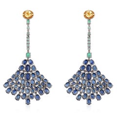 Emerald Blue Sapphire Fan Diamond Earrings