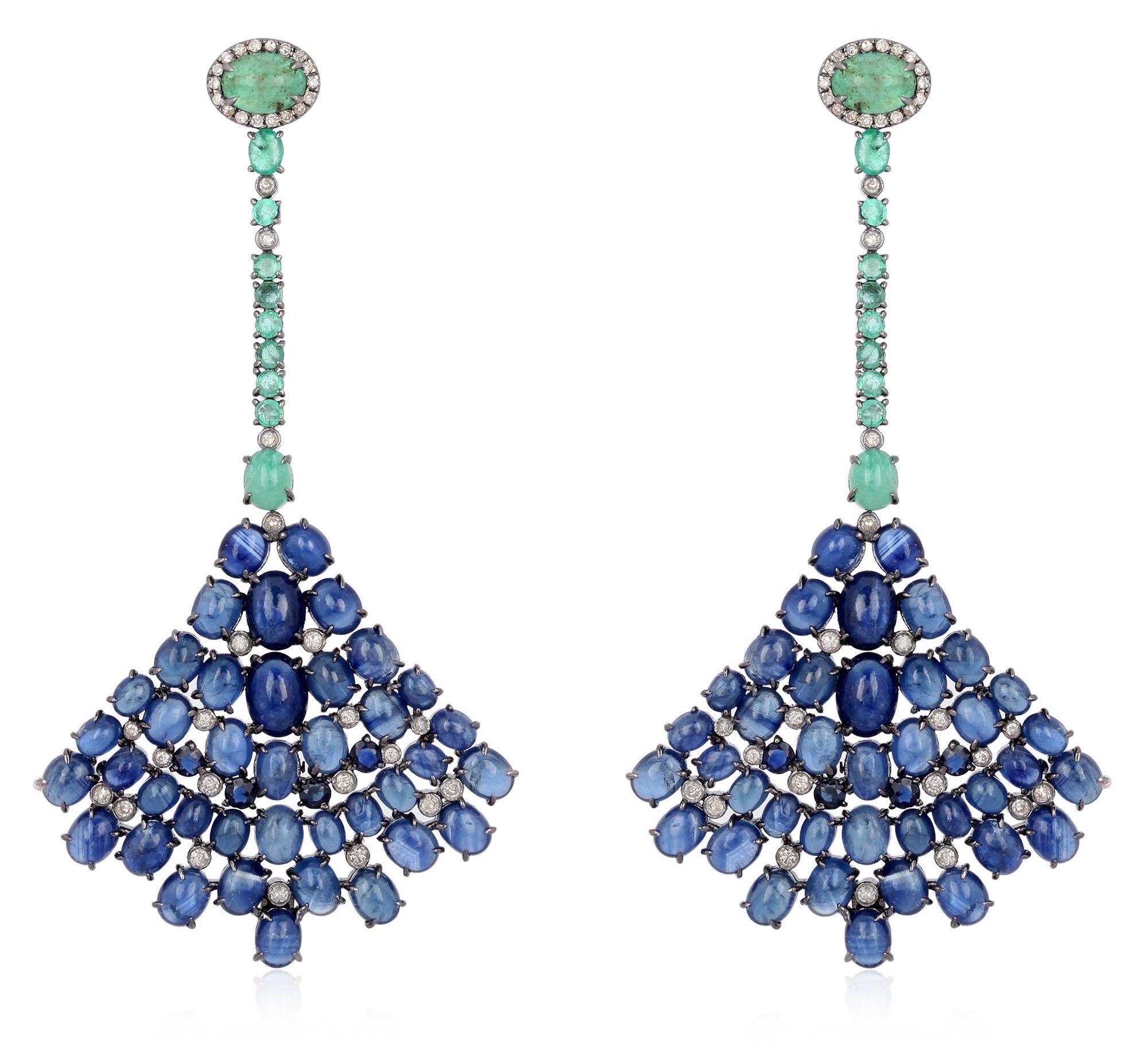 Contemporary Emerald Blue Sapphire Fan Diamond Earrings For Sale