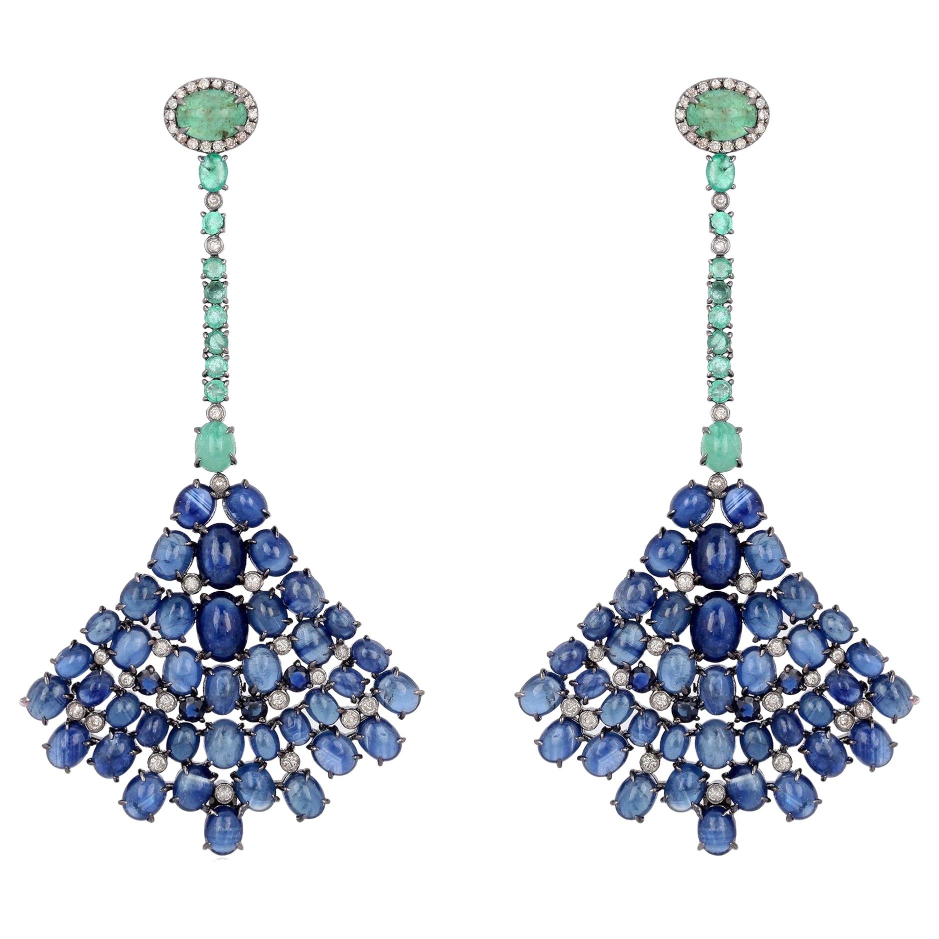 Emerald Blue Sapphire Fan Diamond Earrings For Sale