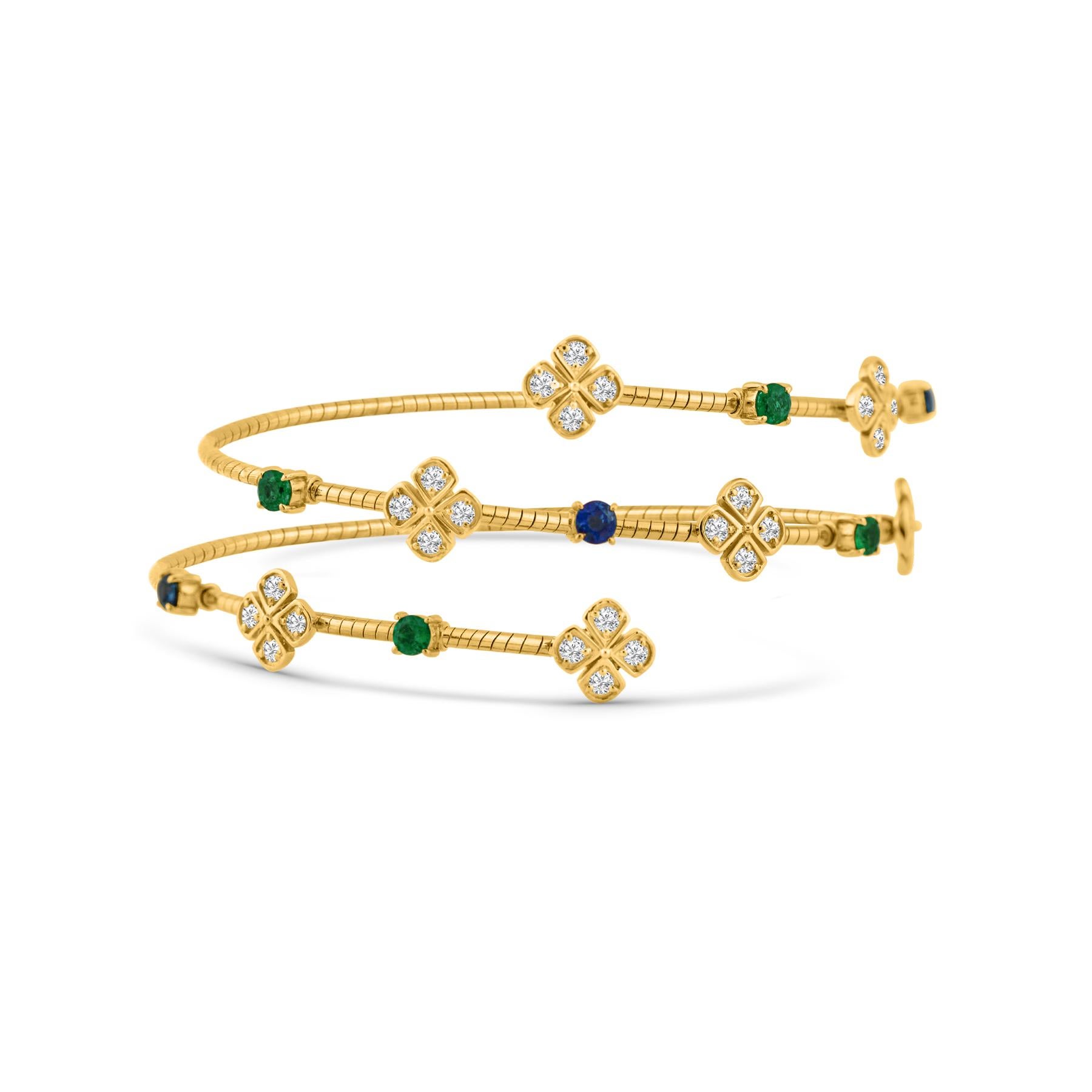 Taille ronde Bracelet en or jaune 18 carats, émeraude, saphir bleu et diamant en vente
