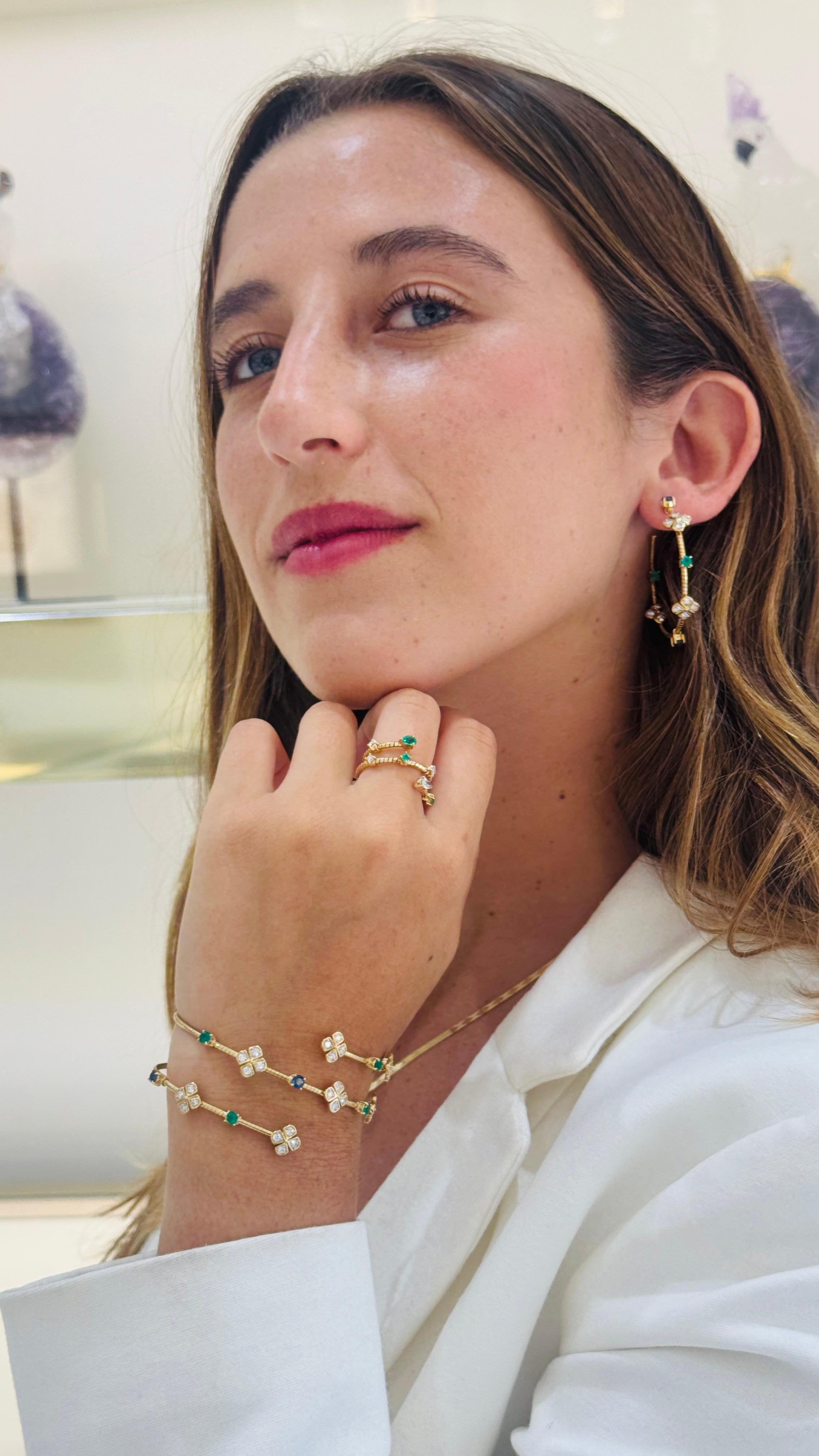 Round Cut Emerald, Blue Sapphire Round And Diamond Hoop Earring In 18K Yellow Gold For Sale