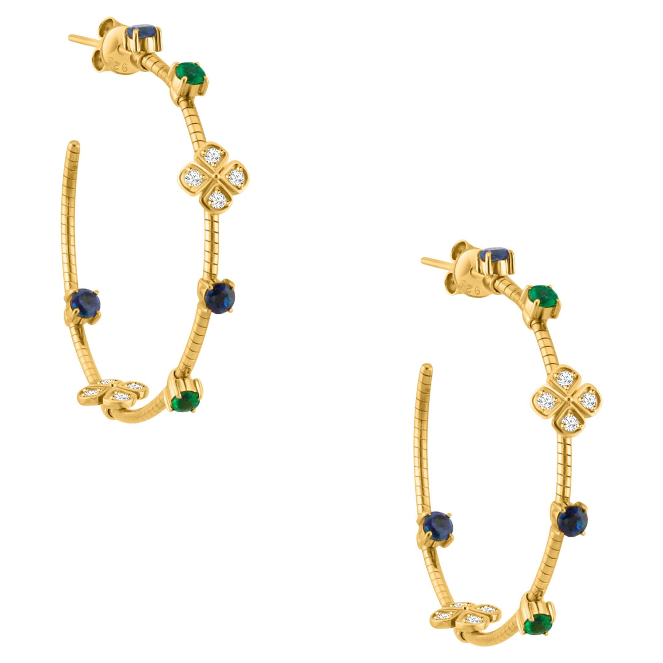 Emerald, Blue Sapphire Round And Diamond Hoop Earring In 18K Yellow Gold