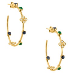 Emerald, Blue Sapphire Round And Diamond Hoop Earring In 18K Yellow Gold