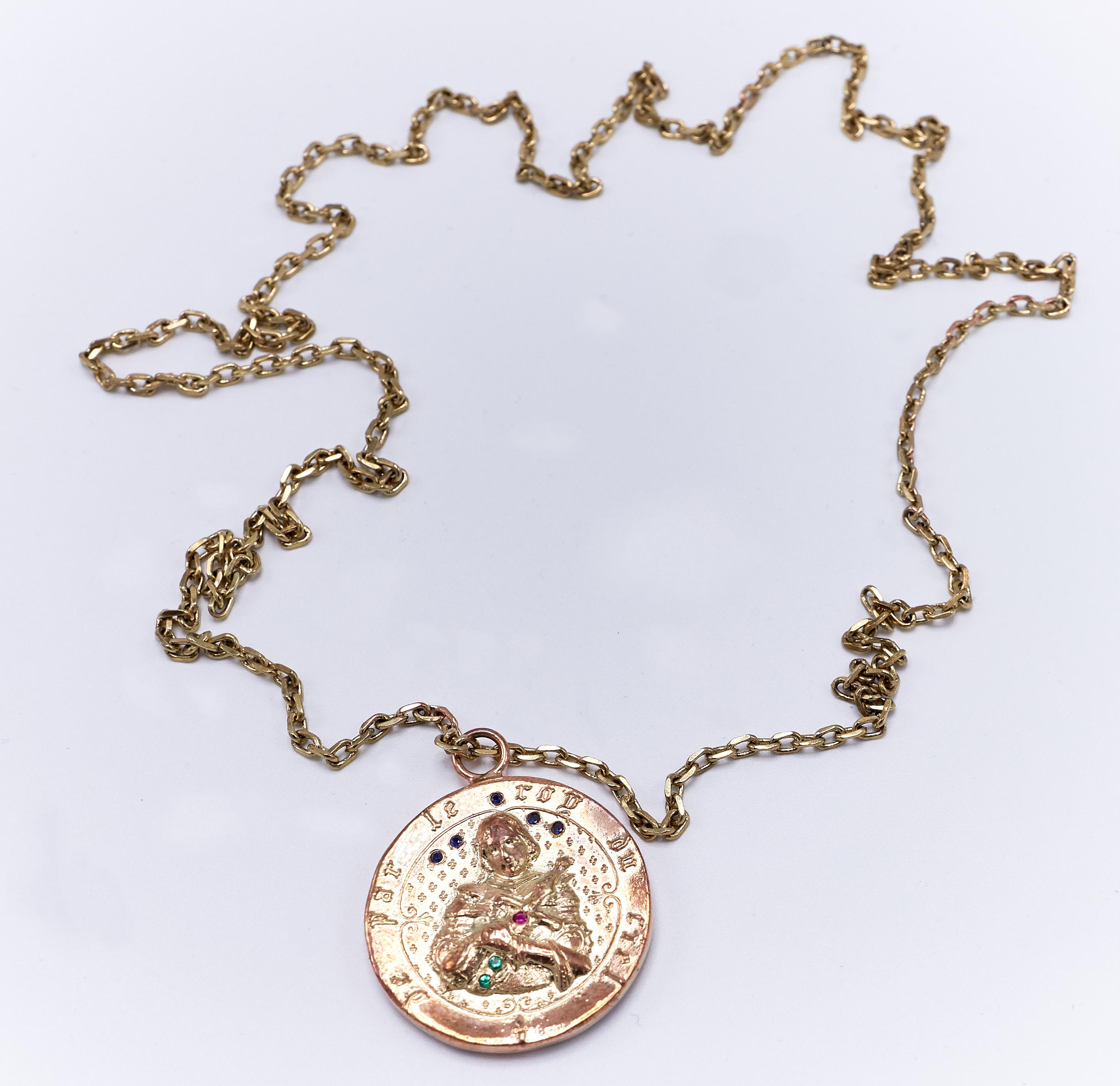 Esmeralda Azul Zafiro Rubí Juana de Arco Collar Medalla Cadena J DAUPHIN Corte brillante en venta
