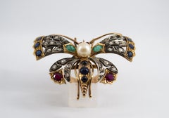 Emerald Blue Sapphire Ruby Pearl Diamond Yellow Gold "Butterfly" Cocktail Ring